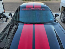 Load image into Gallery viewer, Black car with red racing stripes and Jailbreak logo windshield decal, showcasing custom vinyl graphics for Charger or Challenger models. Sleek design enhances vehicle&#39;s sporty appearance.