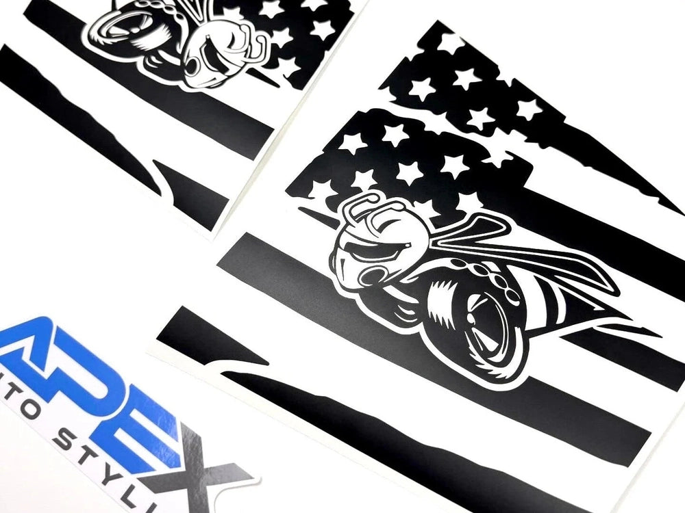 Custom Charger quarter window decals featuring Superbee logo and American flag design in black and white, displayed alongside APEX Auto Styling logo