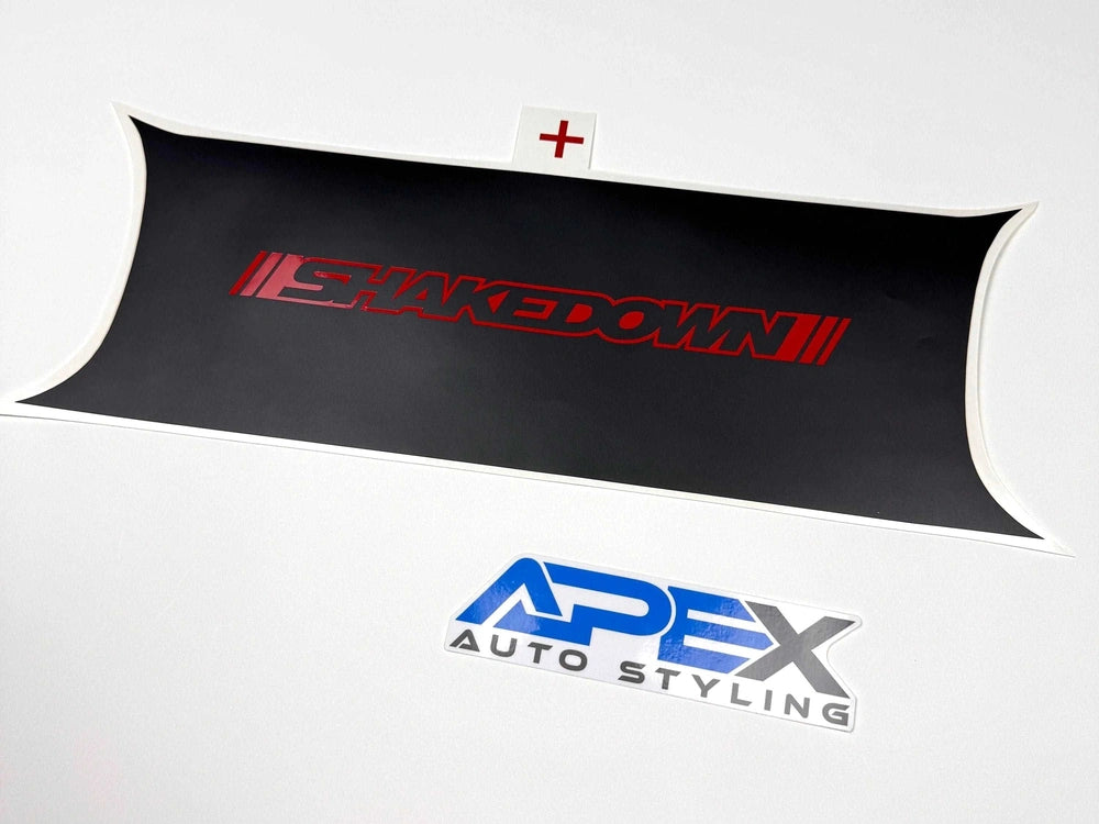 Challenger taillight divider decal with red Shakedown logo on black background, showcasing customizable design options for Dodge Challenger. Apex Auto Styling logo displayed below.