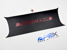Load image into Gallery viewer, Challenger taillight divider decal with red &quot;Shakedown&quot; logo on black background, displayed alongside Apex Auto Styling logo. Custom vinyl accessory for enhancing vehicle appearance and protecting against scratches.