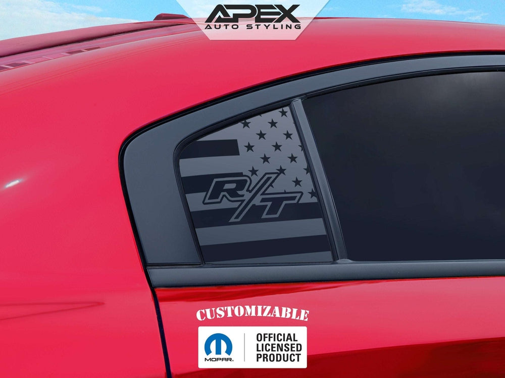 Red Dodge Charger with custom quarter window decal featuring R/T logo and American flag design, showcasing Apex Auto Styling's customizable product for 2011-2023 models
