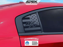 Load image into Gallery viewer, Red Dodge Charger with custom quarter window decal featuring R/T logo and American flag design, showcasing Apex Auto Styling&#39;s customizable product for 2011-2023 models