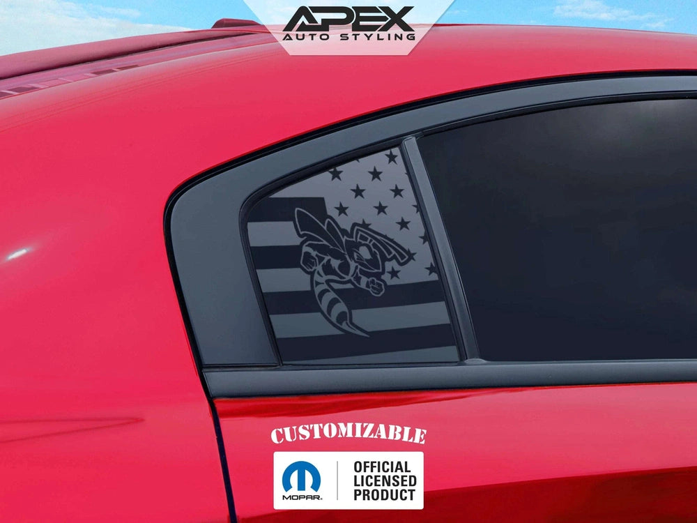Red Dodge Charger with custom Angry Hornet logo quarter window decal featuring American flag design, showcasing Apex Auto Styling product for 2011-2023 models