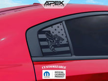 Load image into Gallery viewer, Red Dodge Charger with custom Angry Hornet logo quarter window decal featuring American flag design, showcasing Apex Auto Styling product for 2011-2023 models
