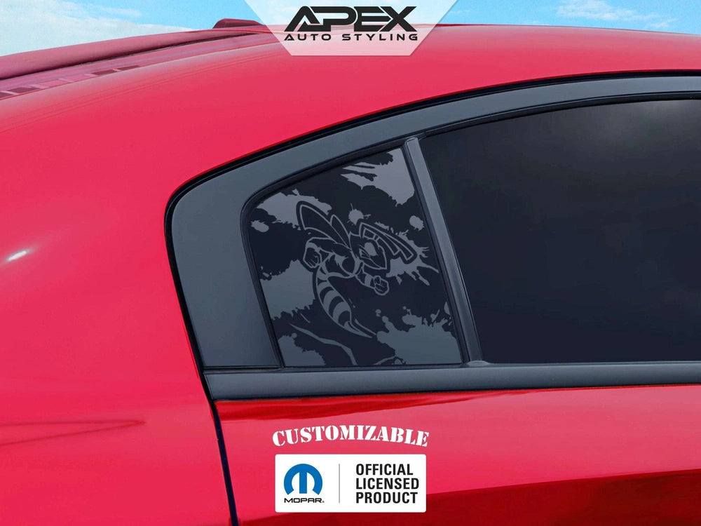 Red Dodge Charger with custom Angry Hornet Logo decal on quarter window. Matte black design contrasts with vibrant car paint. Apex Auto Styling and Mopar logos visible, indicating official licensed product. Showcases precise fit and customizable appearance for 2011-2023 Charger models.