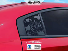 Load image into Gallery viewer, Red Dodge Charger with custom Angry Hornet Logo decal on quarter window. Matte black design contrasts with vibrant car paint. Apex Auto Styling and Mopar logos visible, indicating official licensed product. Showcases precise fit and customizable appearance for 2011-2023 Charger models.