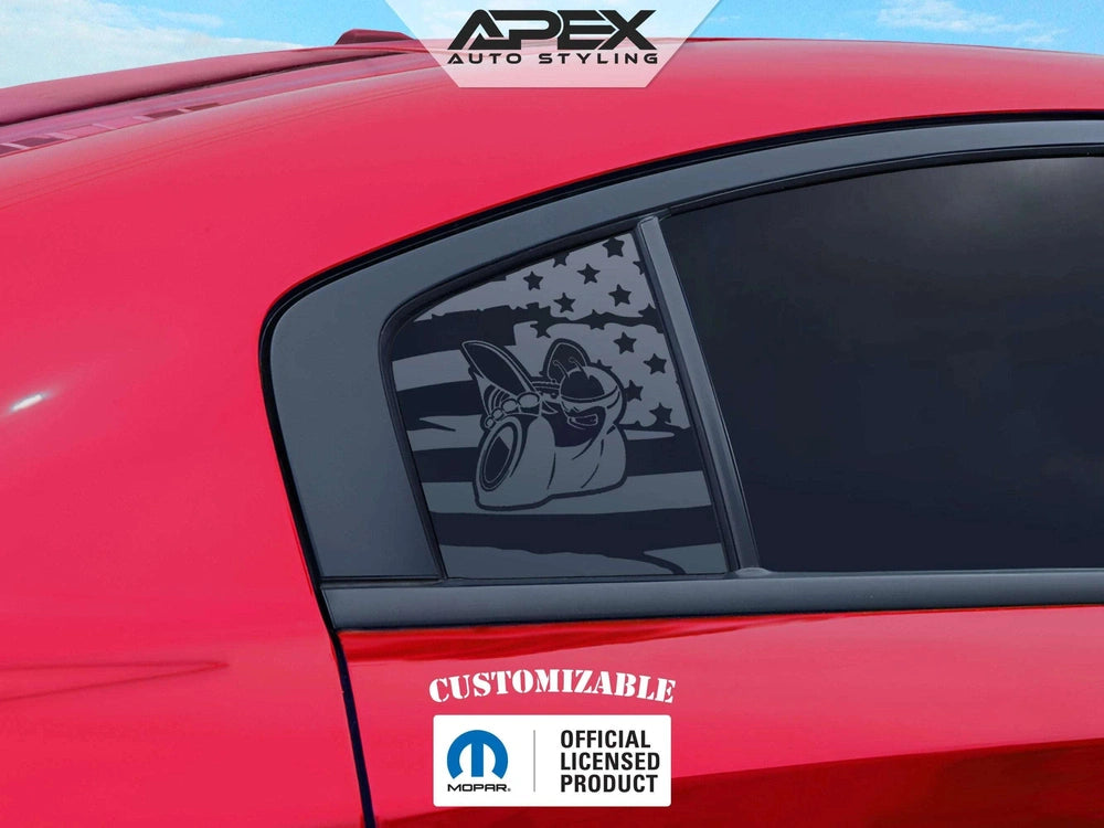 Red Dodge Charger with custom quarter window decal featuring Scat Pack logo and American flag design, showcasing Apex Auto Styling's customizable product for 2011-2023 models