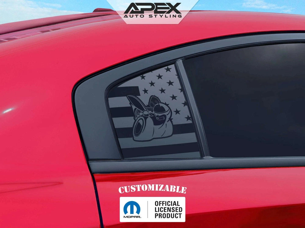 Red Dodge Charger with custom quarter window decal featuring Scat Pack logo and American flag design, showcasing Apex Auto Styling product for 2011-2023 models