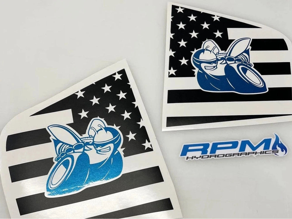 Dodge Charger quarter window decals featuring Scat Pack logo design with American flag background pattern, showcasing blue bee mascot and RPM logo for 2011-2023 models