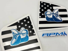 Load image into Gallery viewer, Dodge Charger quarter window decals featuring Scat Pack logo design with American flag background pattern, showcasing blue bee mascot and RPM logo for 2011-2023 models