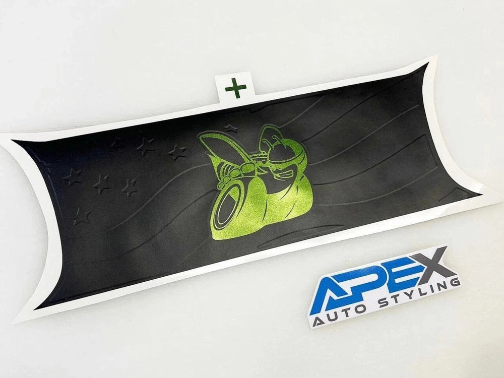 Challenger taillight divider decal with neon green Scat Pack logo on black background, showcasing custom design options for Dodge Challenger owners. APEX Auto Styling logo visible.