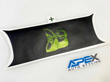 Load image into Gallery viewer, Challenger taillight divider decal with neon green Scat Pack logo on black background, showcasing custom design options for Dodge Challenger owners. APEX Auto Styling logo visible.