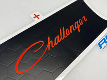 Load image into Gallery viewer, Challenger taillight divider decal with orange text logo on black hexagonal pattern background, showcasing customizable design for Dodge Challenger vehicles