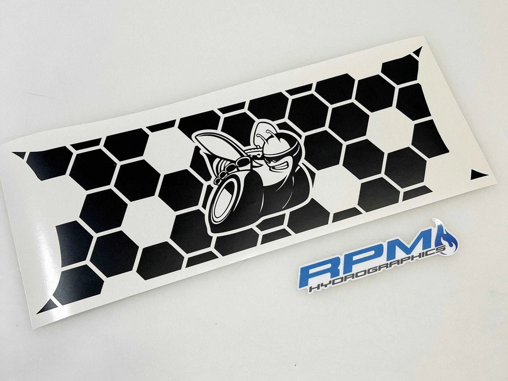 Customizable Dodge Challenger taillight divider decal with honeycomb pattern and Scat Pack bee logo, displayed on white background next to RPM Performance branding