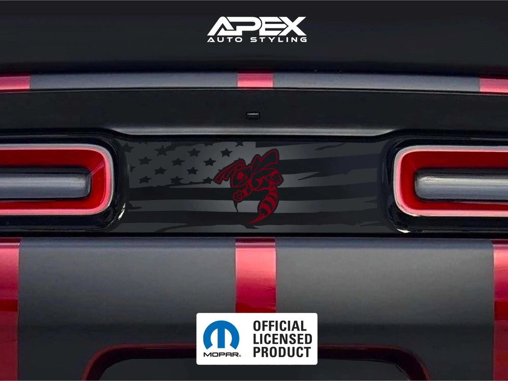 Dodge Challenger taillight divider with Angry Hornet logo decal in red, featuring American flag pattern and custom APEX styling, showcased on rear of vehicle between taillights