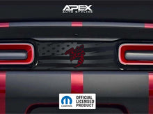 Load image into Gallery viewer, Dodge Challenger taillight divider with Angry Hornet logo decal in red, featuring American flag pattern and custom APEX styling, showcased on rear of vehicle between taillights