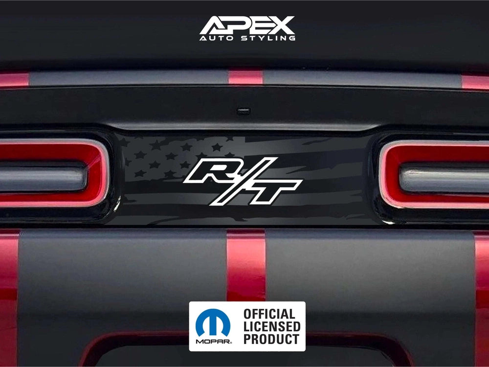 Customizable Dodge Challenger taillight divider decal with R/T logo, featuring black background with American flag pattern and red accents, showcasing Apex Auto Styling brand and Mopar official licensed product label