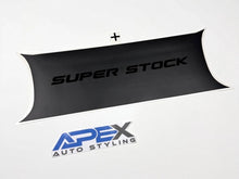Load image into Gallery viewer, Customizable Challenger taillight divider decal with &quot;Super Stock&quot; text and Apex Auto Styling logo, showcasing matte black design and potential color options for personalized vehicle styling