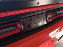 Load image into Gallery viewer, Customized Dodge Challenger taillight divider decal with hexagonal pattern and 345 logo, showcasing black and silver design on red vehicle body