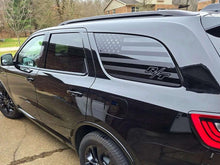 Load image into Gallery viewer, Dodge Durango SUV with custom quarter window decal featuring R/T logo and American flag design, parked in a residential driveway