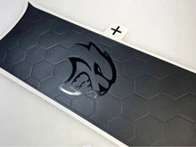 Load image into Gallery viewer, Challenger taillight divider decal with embossed hexagonal pattern and Hellcat logo in matte black finish, showcasing custom design and premium quality for 2015+ Dodge Challenger models