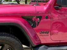 Load image into Gallery viewer, Pink Jeep Wrangler with black palm tree decal on fender vent, showcasing custom Wrangler Gladiator fender vent decals for a unique tropical look