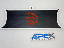 Load image into Gallery viewer, Dodge Challenger taillight divider decal with red Hellcat logo on black background, showcasing customizable design options for car modification enthusiasts