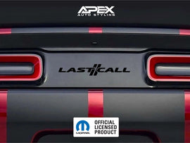 Dodge Challenger taillight divider with Last Call logo decal, showcasing customizable design options in black and red. Apex Auto Styling branding visible above.