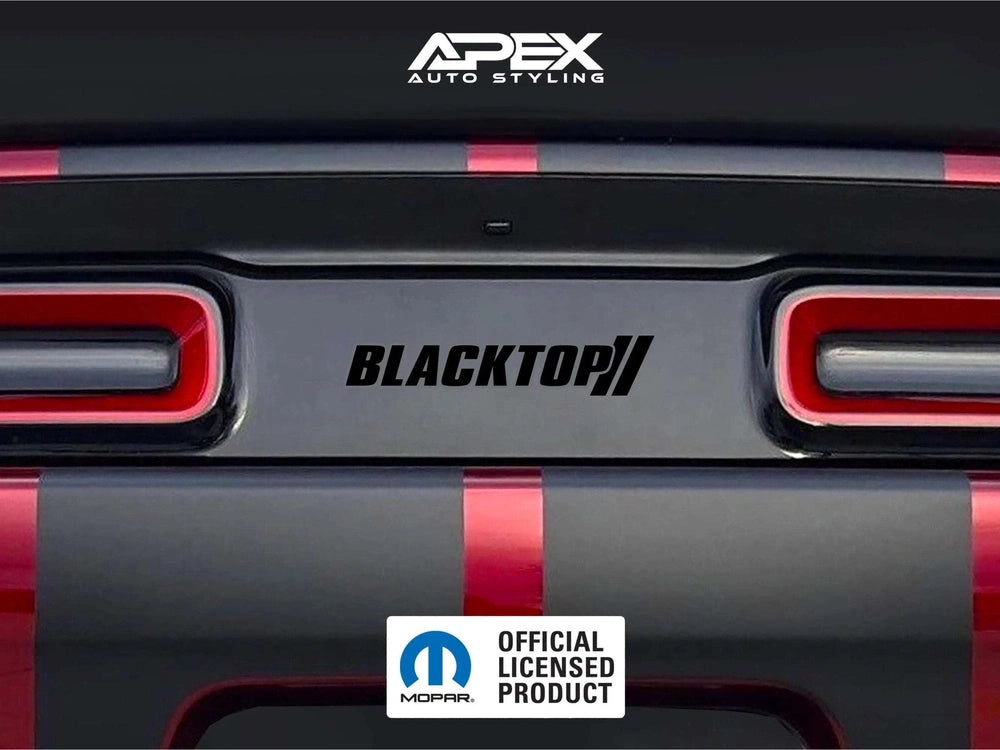 Dodge Challenger rear view with Blacktop logo taillight divider decal, showcasing custom design between red taillights. APEX Auto Styling and Mopar Official Licensed Product logos visible.