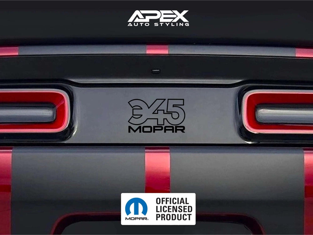 Dodge Challenger taillight divider with 345 MOPAR logo decal, showing customizable black and red striped design. Apex Auto Styling branding visible. Official Mopar licensed product badge displayed.