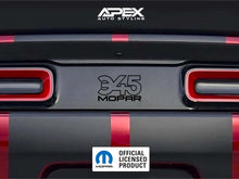 Load image into Gallery viewer, Dodge Challenger taillight divider with 345 MOPAR logo decal, showing customizable black and red striped design. Apex Auto Styling branding visible. Official Mopar licensed product badge displayed.