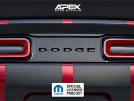 Close-up of Dodge Challenger rear taillight area with custom black and red striped divider decal, featuring DODGE logo and APEX Auto Styling branding, showcasing taillight divider decal product for Shopify listing