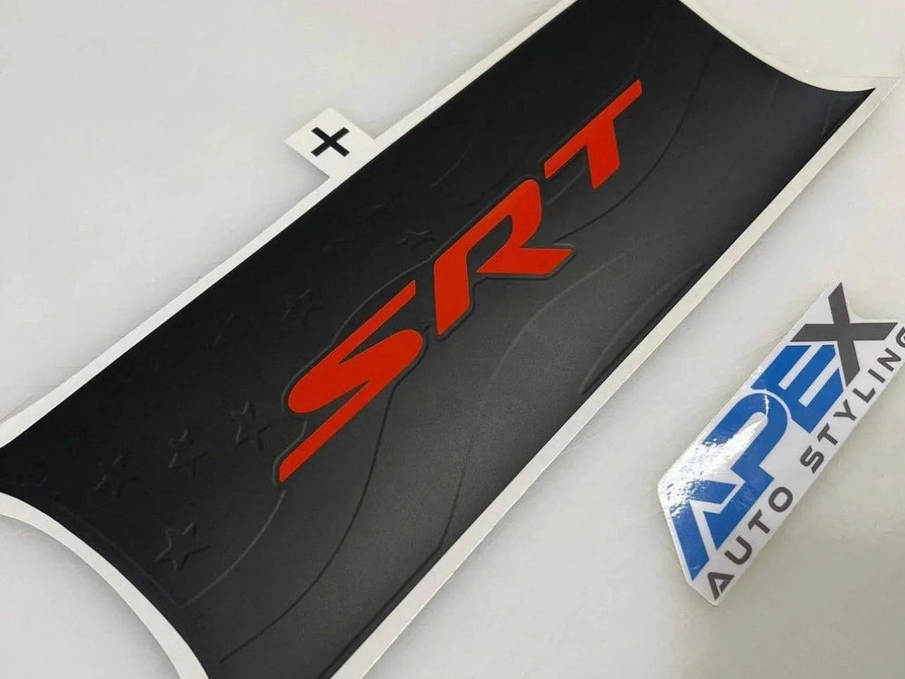 Challenger Taillight Divider Decal featuring red SRT logo on black background, with product packaging and brand logo visible