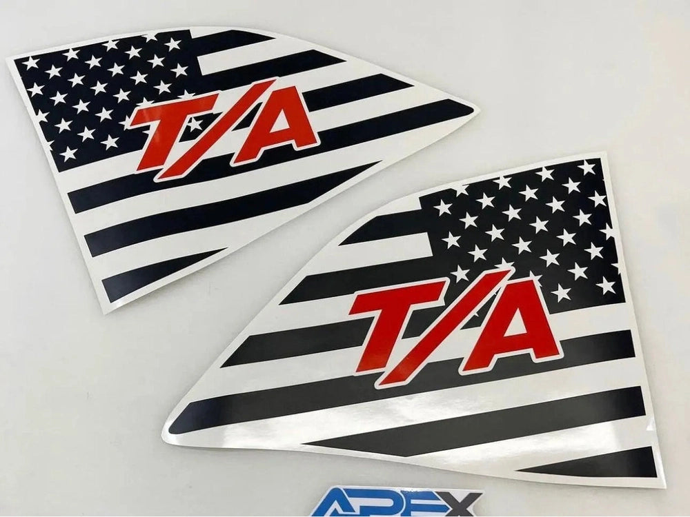 Challenger quarter window decals featuring American flag design with T/A logo in red, custom fit for 2008+ models, available in multiple colors, pre-cut for easy installation