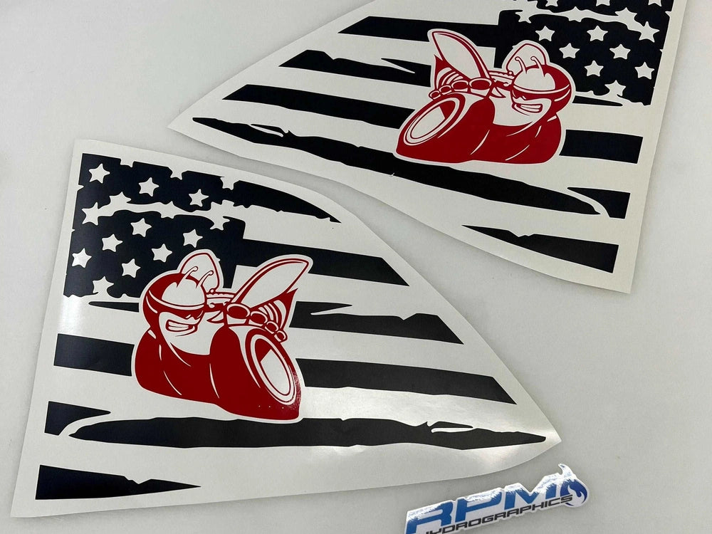 Dodge Challenger quarter window decals featuring red Scat Pack bee logo on distressed American flag background, designed to fit curved window shape. Two identical decals shown for left and right side installation.