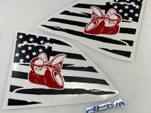 Load image into Gallery viewer, Dodge Challenger quarter window decals featuring red Scat Pack bee logo on distressed American flag background, designed to fit curved window shape. Two identical decals shown for left and right side installation.