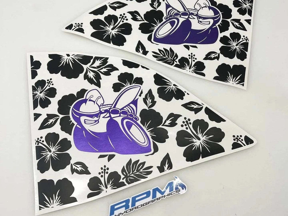 Custom Dodge Challenger quarter window decals featuring purple Scat Pack logo and black hibiscus flower pattern on white background, showcasing RPM branding