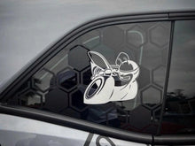 Load image into Gallery viewer, Dodge Challenger quarter window with custom Scat Pack bee logo decal, showcasing hexagonal pattern and sleek design on gray vehicle exterior