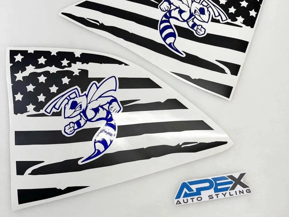 Challenger quarter window decals featuring black and white American flag design with blue angry hornet logo, displaying Apex Auto Styling branding for custom automotive styling