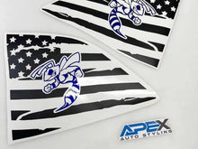 Load image into Gallery viewer, Challenger quarter window decals featuring black and white American flag design with blue angry hornet logo, displaying Apex Auto Styling branding for custom automotive styling