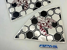 Load image into Gallery viewer, Challenger quarter window decals featuring angry hornet logo on honeycomb background. Two triangular vinyl stickers shown, one with red hornet and one with white, both on black and white hexagonal pattern.