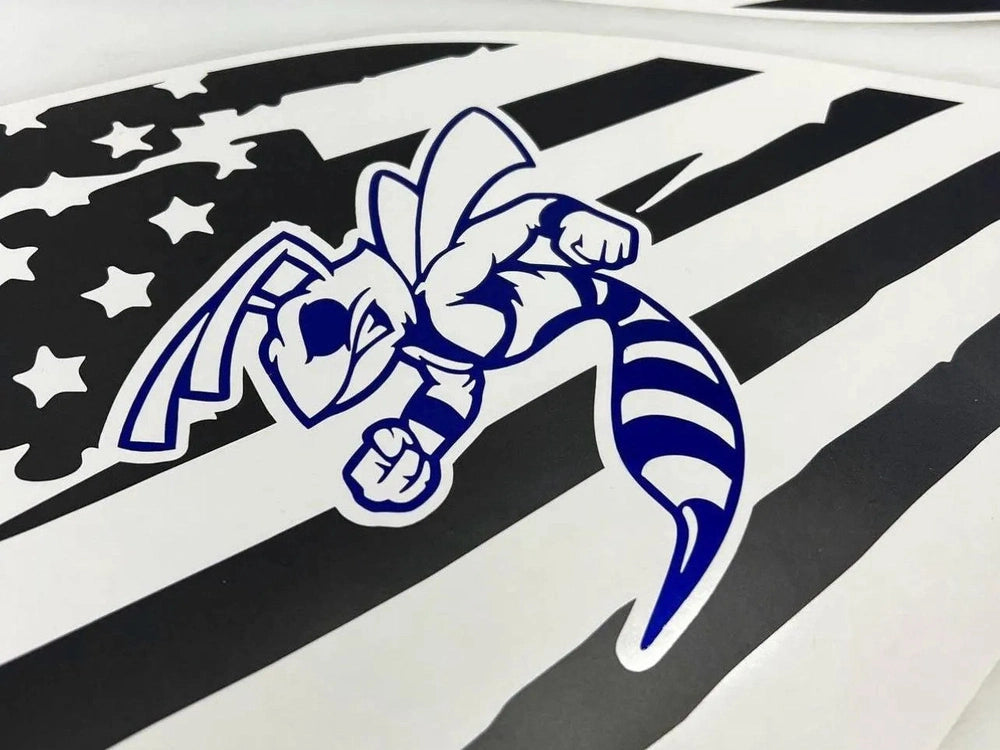 Angry hornet logo decal in blue on black and white American flag background for Dodge Challenger quarter window, showcasing custom vinyl design and patriotic style