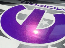 Load image into Gallery viewer, Purple MOPAR logo decal for Dodge Challenger quarter window, showcasing vibrant color and glossy finish. Custom vinyl accessory enhances vehicle appearance with precise fit and premium quality.