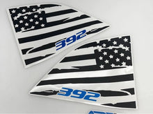 Load image into Gallery viewer, Challenger quarter window decals featuring distressed American flag design with blue 392 logo, custom vinyl stickers for 2008+ Dodge Challenger, patriotic car accessory