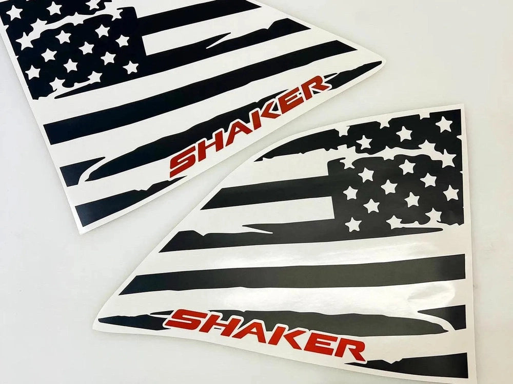 Dodge Challenger quarter window decals featuring distressed American flag design with Shaker logo in red. Set includes left and right side decals for custom patriotic look.