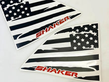 Load image into Gallery viewer, Dodge Challenger quarter window decals featuring distressed American flag design with Shaker logo in red. Set includes left and right side decals for custom patriotic look.