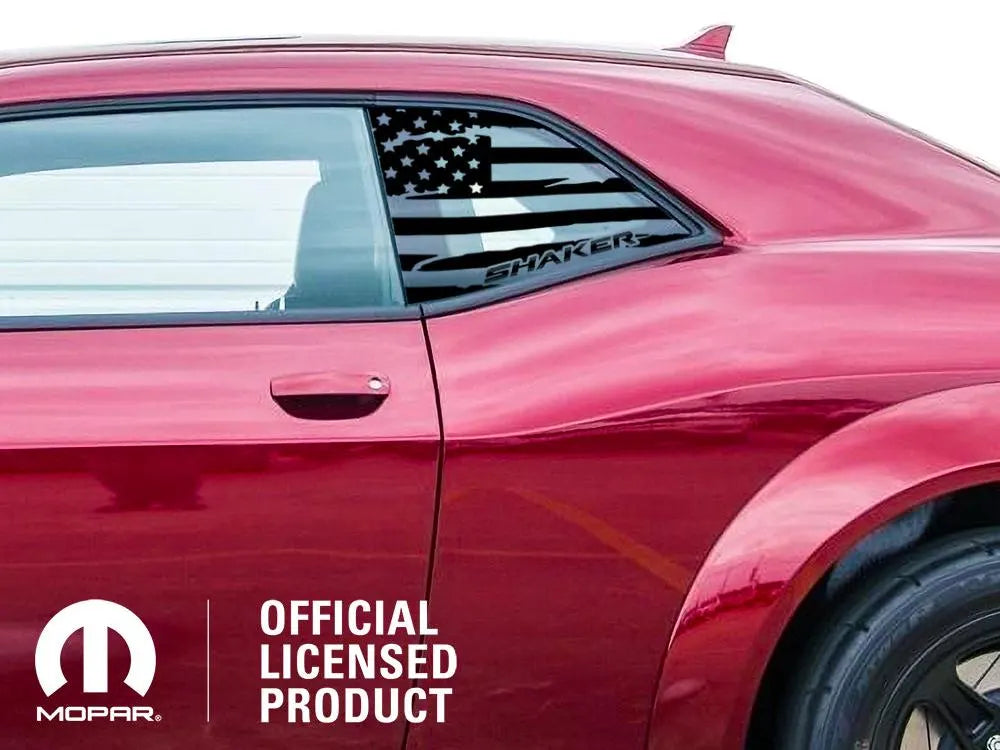 Red Dodge Challenger with black American flag and Shaker logo quarter window decal. Mopar official licensed product logo visible. Showcases custom vinyl design for muscle car enthusiasts.