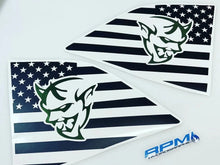 Load image into Gallery viewer, Challenger quarter window decals featuring Demon logo on American flag background. Black stripes and stars with green demon head design. Two decals shown for left and right windows, with RPM logo at bottom.