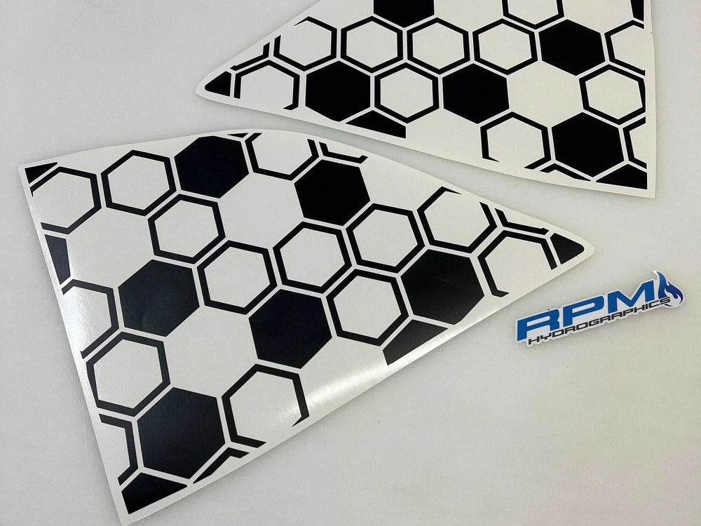 Challenger quarter window decals with black and white honeycomb pattern, showcasing pre-cut triangular shapes for precise fit on vehicle windows. RPM logo visible, indicating product brand.