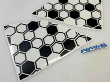 Load image into Gallery viewer, Challenger quarter window decals with black and white honeycomb pattern, showcasing pre-cut triangular shapes for precise fit on vehicle windows. RPM logo visible, indicating product brand.
